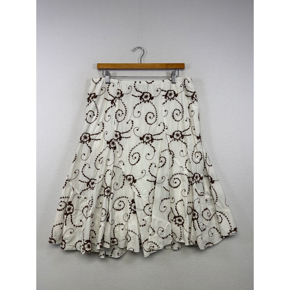 Cottagecore Boho JKLA Womens L White Brown Floral Embroidered Midi Skirt